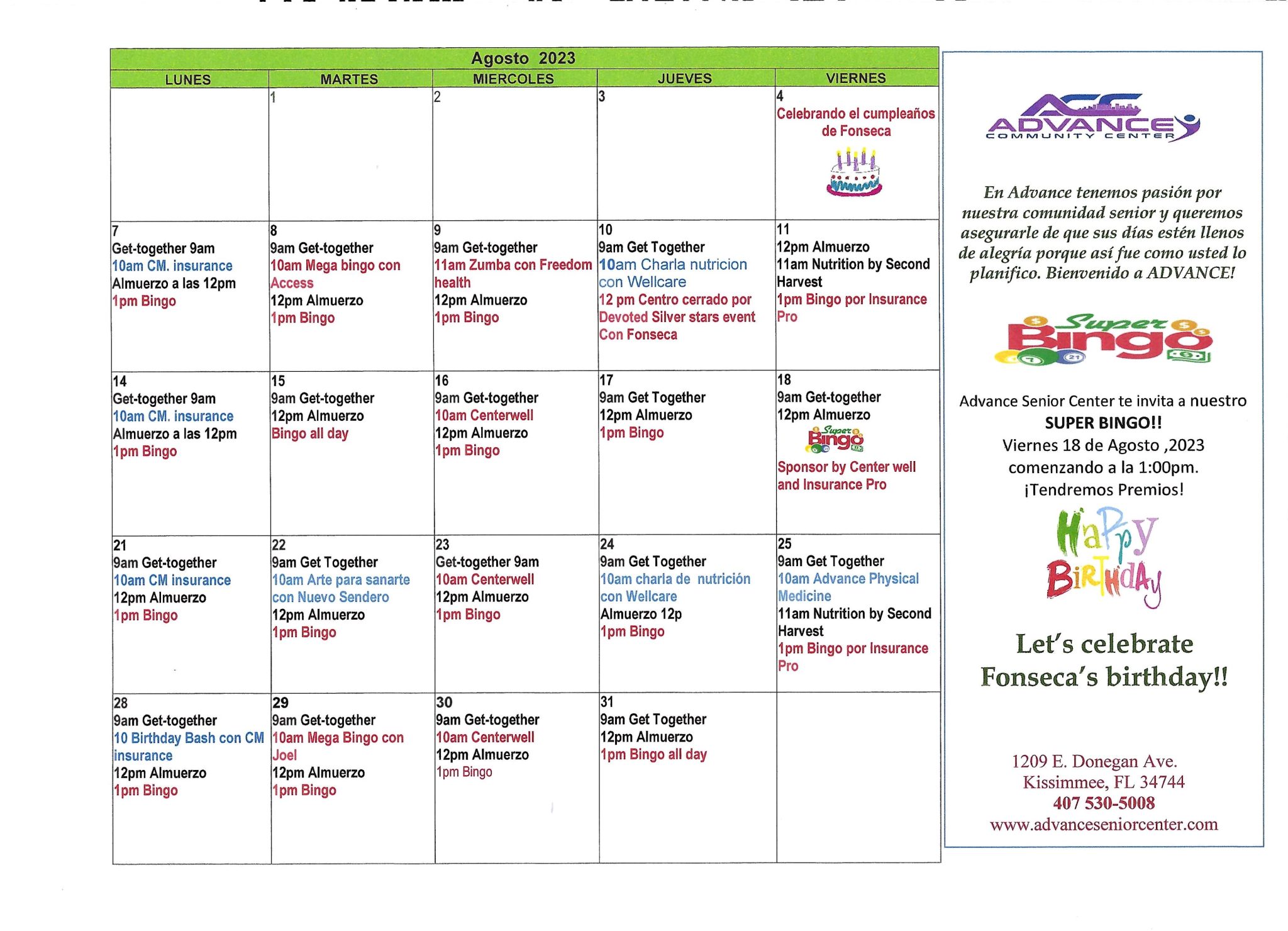 Calendar Advance Senior Center Calendar Advance Senior Center